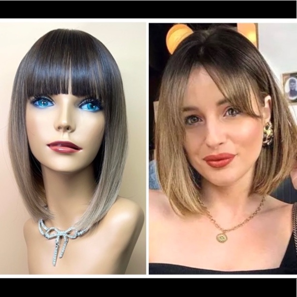 15” Bob Dark Root light brown Bangs Synthetic Wig